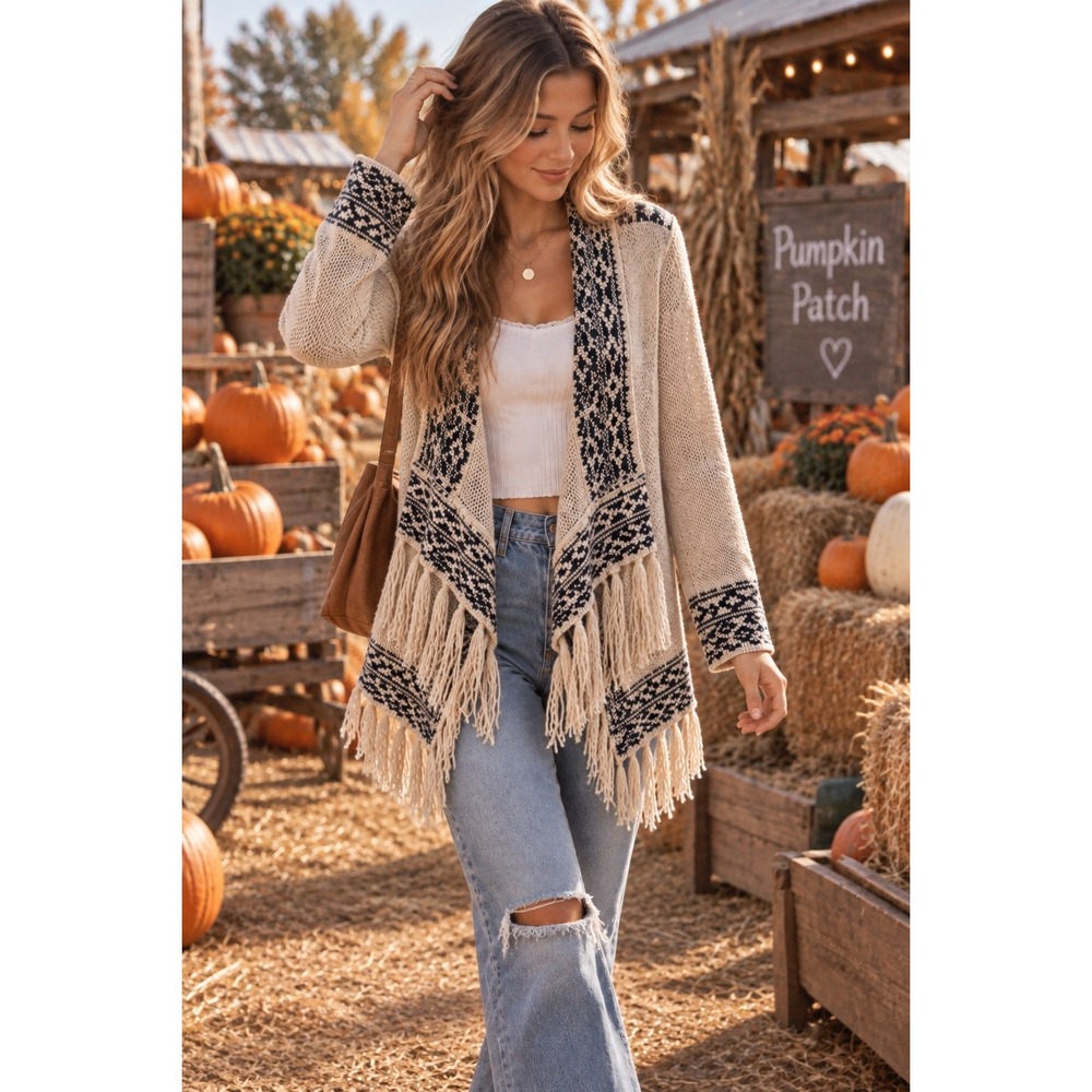 Blu Pepper Fringe Cardigan Sweater Size L Boho Fair Isle Open Front